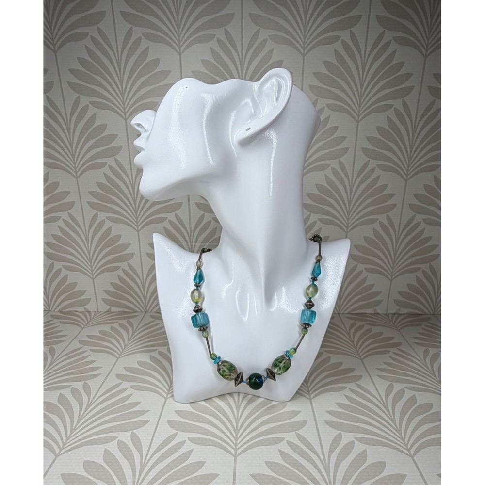Treska Beaded Necklace Art Glass Floral Teal Green Blue Toggle Clasp 22" 90s Y2K